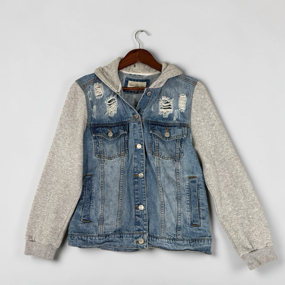 Ashley Vintage Charm Hybrid Trucker Jacket Womens L Blue Denim Distressed Hooded